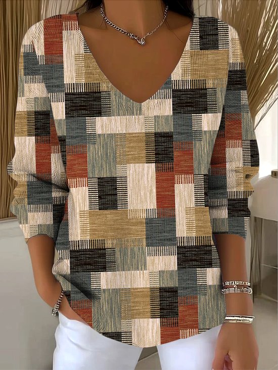 Damen Baumwolle Geometrisch Langarm Bequem Lässig Pullover