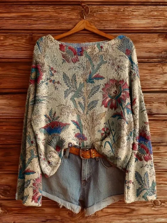 Damen Geblümt Langarm Bequem Retro Pullover