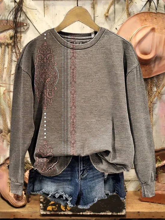 Lässig Rundhals Ethnisch Sweatshirt Print