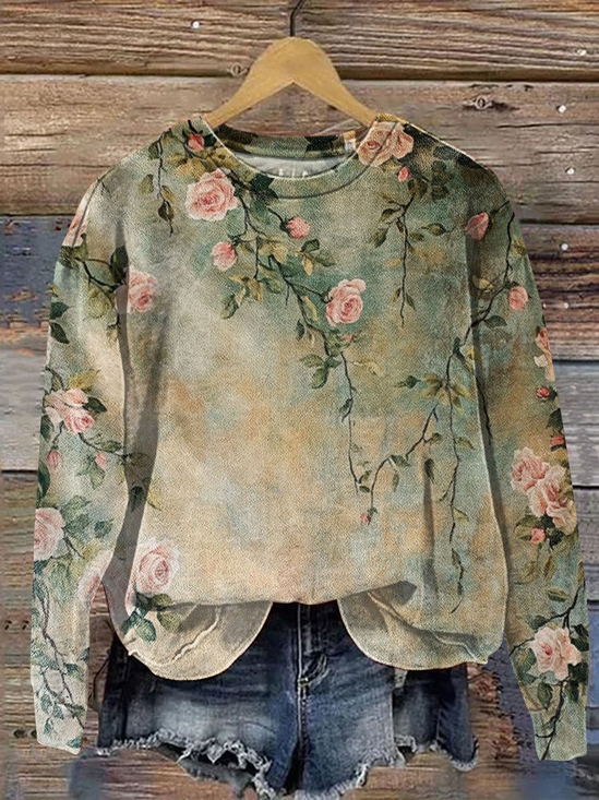 Lässig Rundhals Geblümt Sweatshirt Print