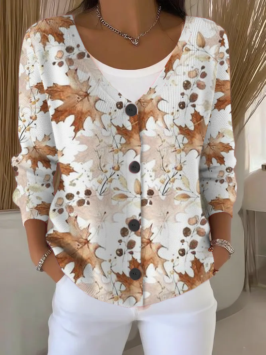 Damen Ahornblatt Langarm Bequem Lässig Strickjacke