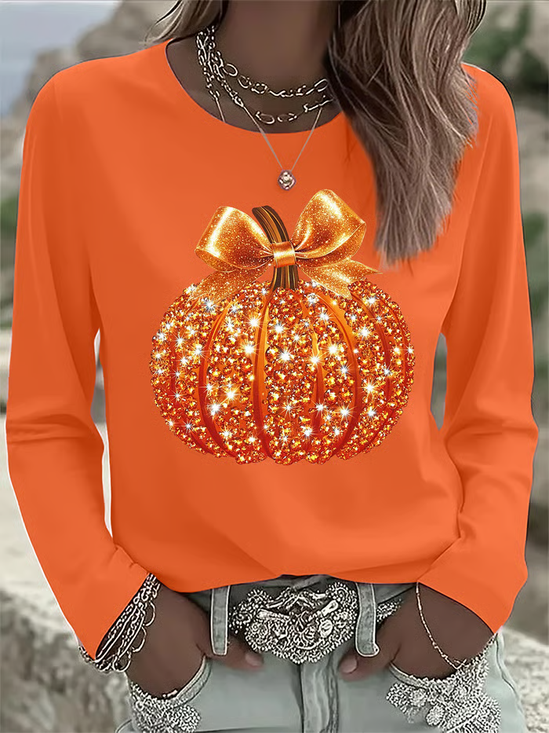 Lässig Halloween (Kürbis) Rundhals Langarm T-Shirt