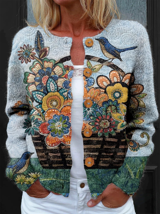 Damen Gestrickt Geblümt Langarm Bequem Retro Strickjacke