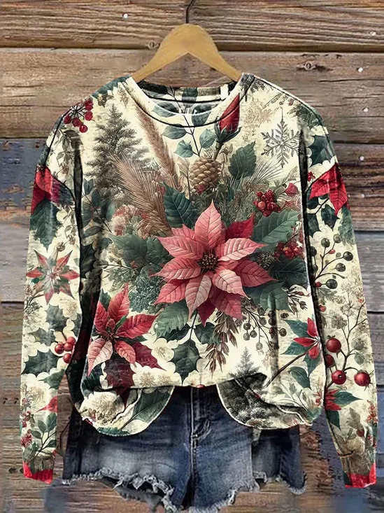 Lässig Rundhals Geblümt Sweatshirt Print