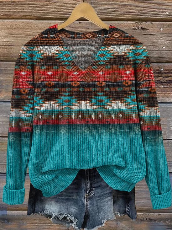 Damen Verlaufsmuster Langarm Bequem Retro Pullover