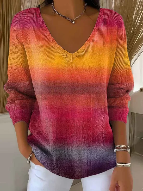 Damen Baumwolle Farbverlauf Langarm Bequem Lässig Pullover