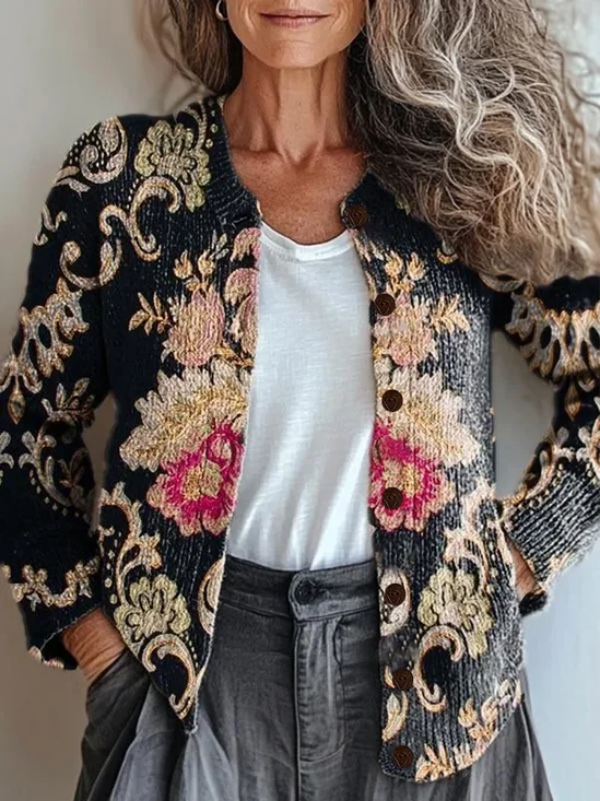 Damen Geblümt Langarm Bequem Retro Print Strickjacke
