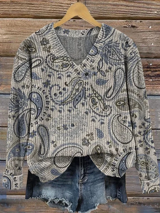 Damen Geblümt Langarm Bequem Retro Pullover