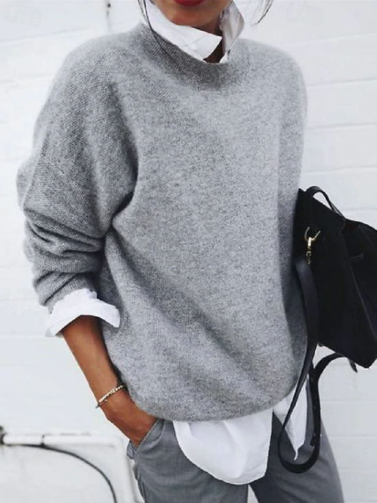 Damen Unifarben Langarm Bequem Lässig Print Pullover