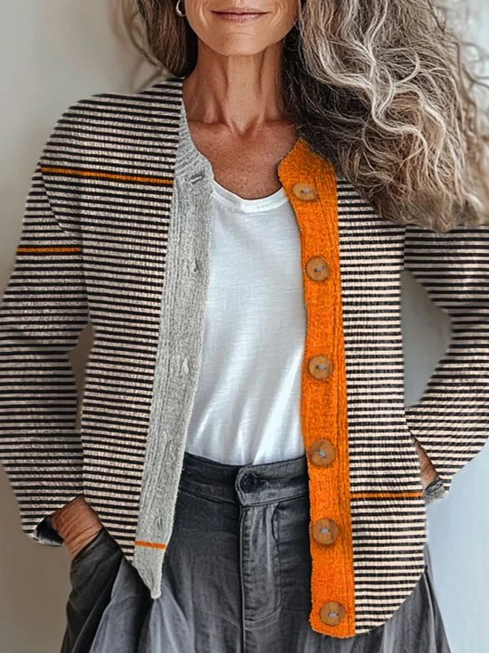 Damen Gestrickt Gestreift Langarm Bequem Retro Strickjacke