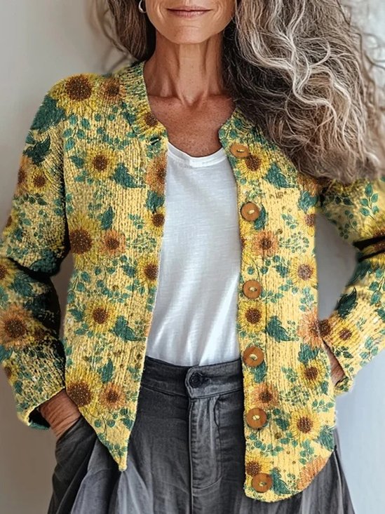 Damen Gestrickt Geblümt Langarm Bequem Retro Strickjacke