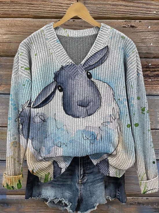 Damen Tier Bild Langarm Bequem Retro Pullover