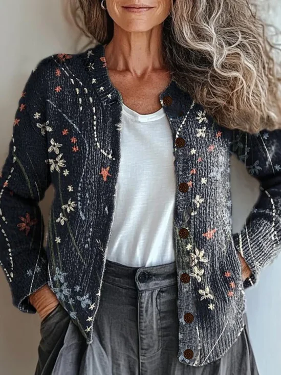 Damen Geblümt Langarm Bequem Retro Print Strickjacke