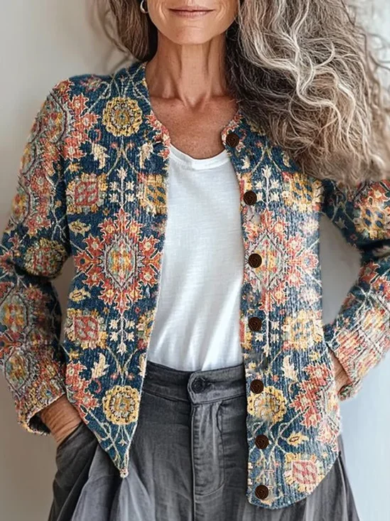 Damen Geblümt Langarm Bequem Retro Print Strickjacke