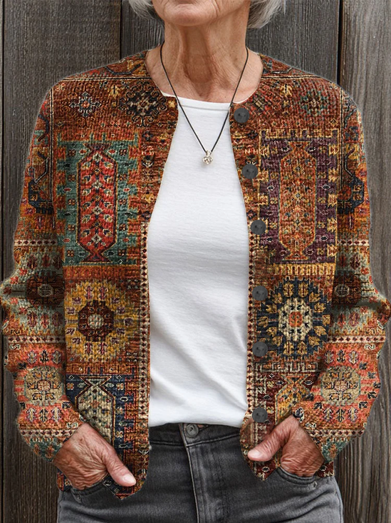 Damen Abstrakt Langarm Bequem Retro Print Strickjacke