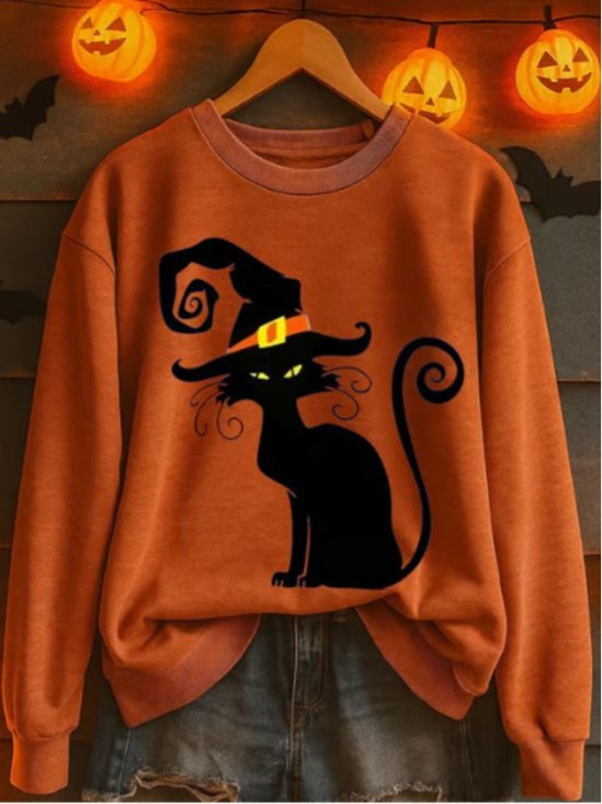 Retro Rundhals Katze Sweatshirt
