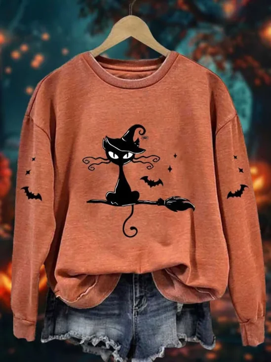 Retro Rundhals Katze Sweatshirt