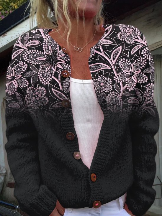 Damen Gestrickt Geblümt Langarm Bequem Retro Strickjacke