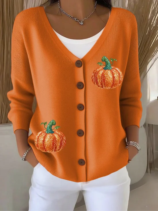 Damen Baumwolle Kürbismuster Langarm Bequem Lässig Strickjacke