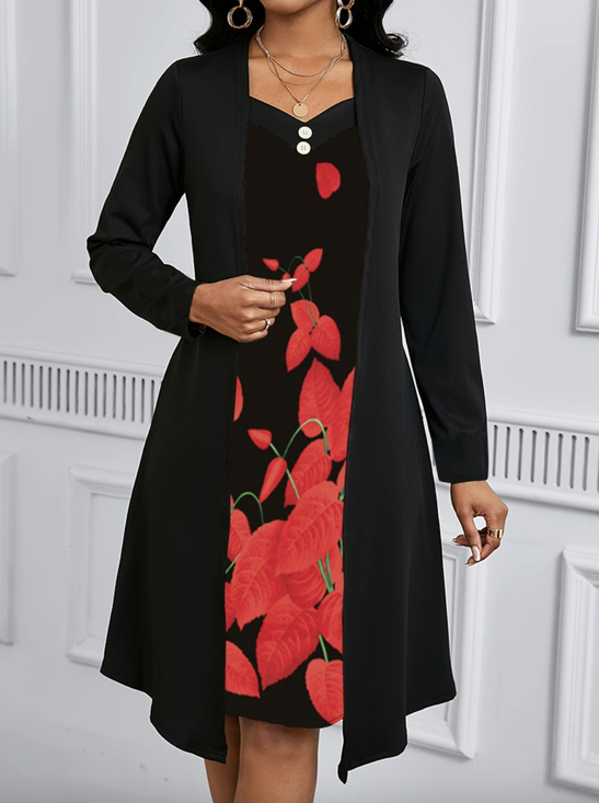 Damen Geblümt Frühling/Herbst Kleid V-Ausschnitt Langarm A-Linien-Kleid
