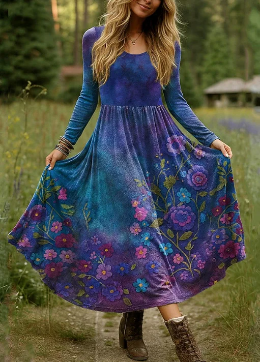 Damen Geblümt Frühling/Herbst Kleid V-Ausschnitt Langarm A-Linien-Kleid
