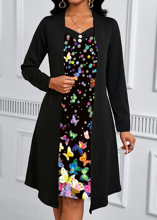 Damen Tier Frühling/Herbst Kleid Rundhals Langarm A-Linien-Kleid