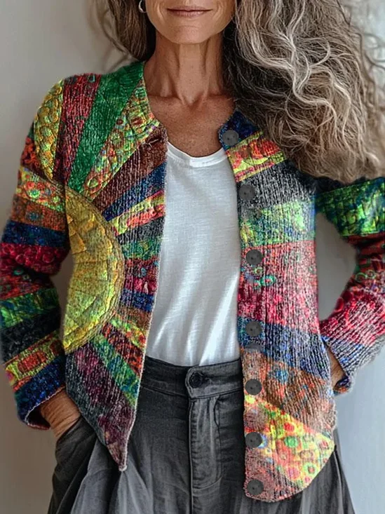 Damen Abstrakt Langarm Bequem Retro Print Strickjacke