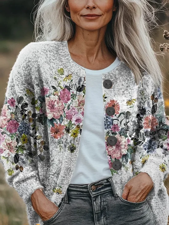 Damen Geblümt Langarm Bequem Retro Print Strickjacke