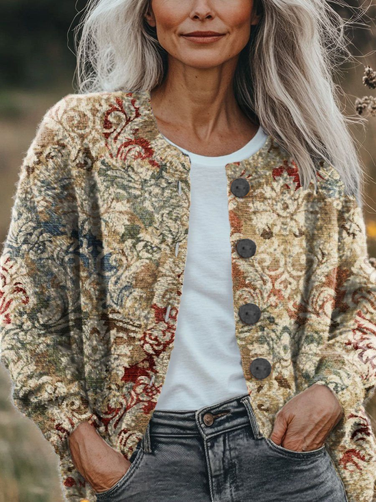 Damen Geblümt Langarm Bequem Retro Print Strickjacke