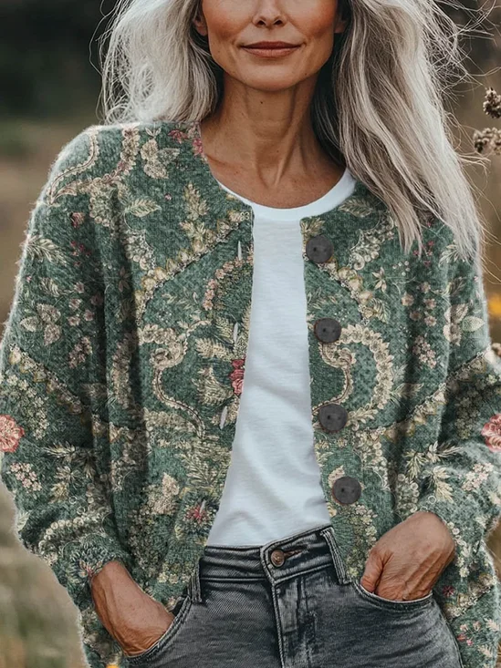 Damen Geblümt Langarm Bequem Retro Print Strickjacke