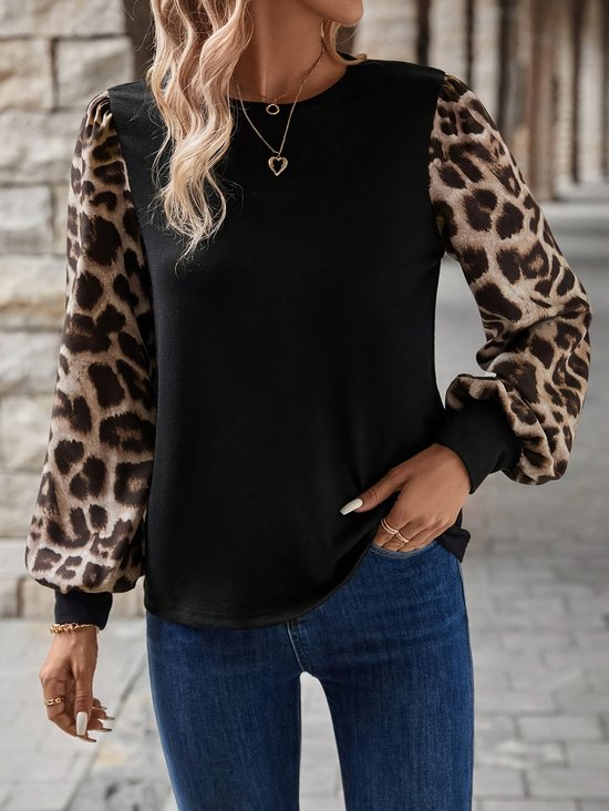 Lässig Farbblock Rundhals Langarm T-Shirt