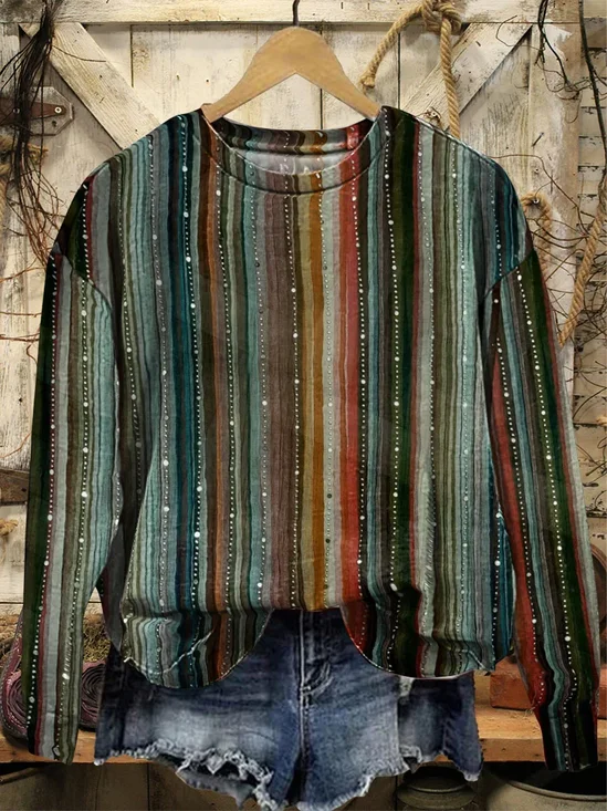 Lässig Rundhals Gestreift Sweatshirt Print