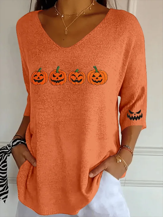 Lässig Halloween (Kürbis) V-Ausschnitt Dreiviertelärmel T-Shirt