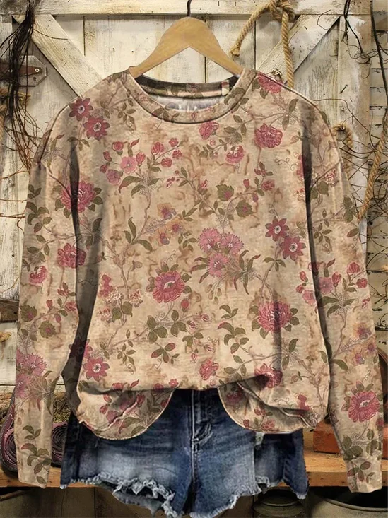 Lässig Rundhals Geblümt Sweatshirt Print