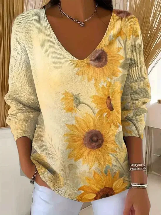 Lässig Geblümt V-Ausschnitt Langarm T-Shirt