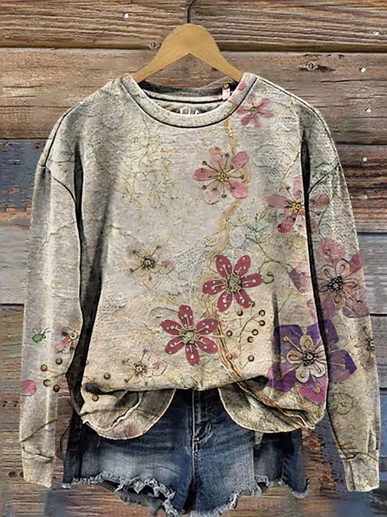 Lässig Rundhals Geblümt Sweatshirt Print