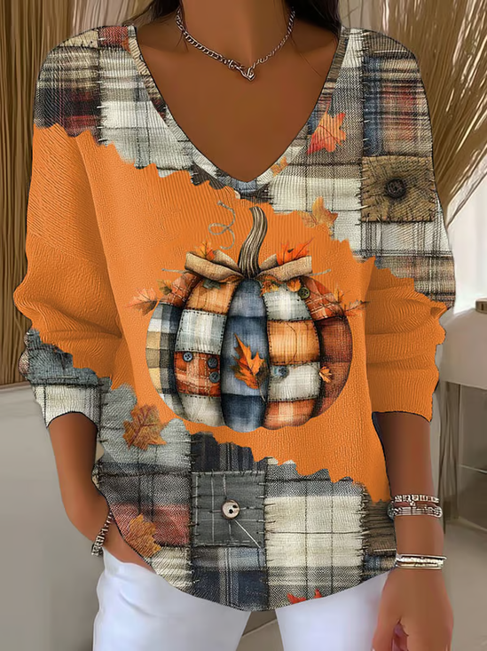 Lässig Halloween (Kürbis) V-Ausschnitt Langarm T-Shirt