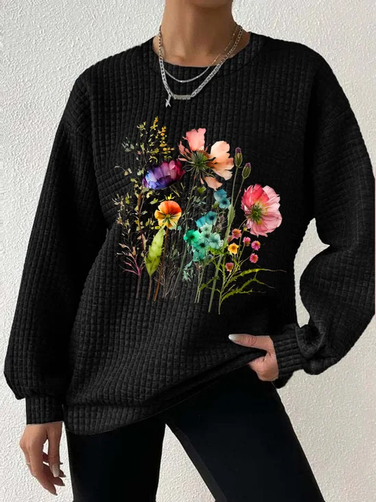 Lässig Rundhals Geblümt Sweatshirt
