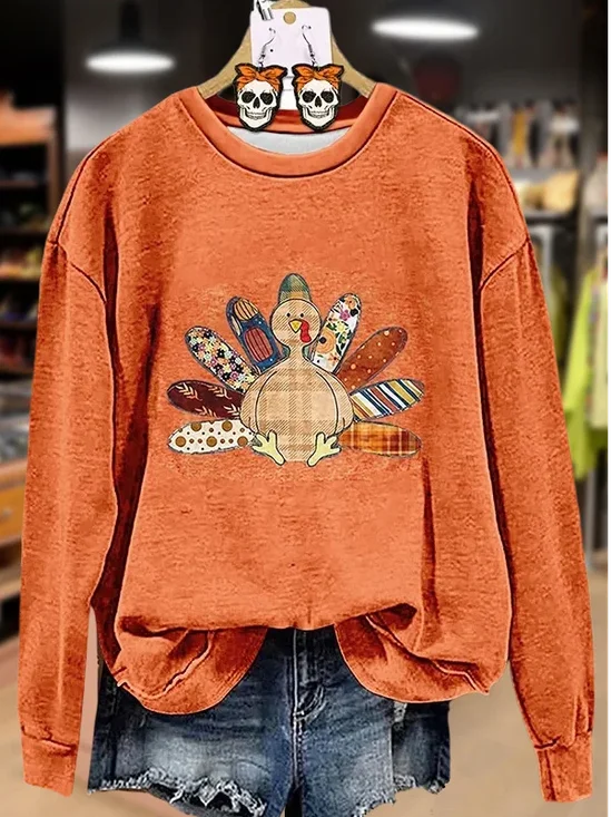 Lässig Rundhals Truthahn Sweatshirt Print