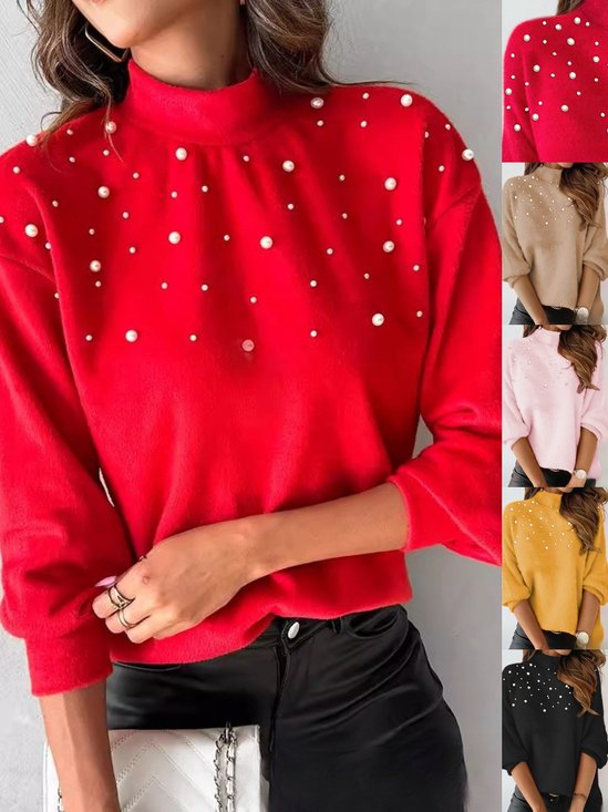 Damen Unifarben Langarm Bequem Straße Perlen Pullover