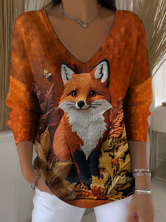 Lässig Tier V-Ausschnitt Langarm T-Shirt
