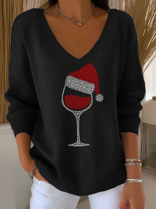 Lässig Weihnachten V-Ausschnitt Langarm T-Shirt