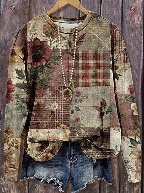 Lässig Rundhals Geblümt Sweatshirt Print