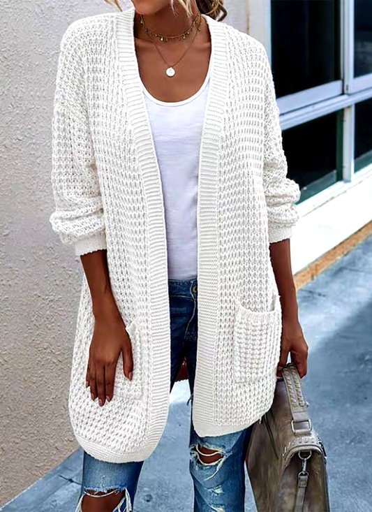 Damen Baumwolle Unifarben Langarm Bequem Lässig Strickjacke