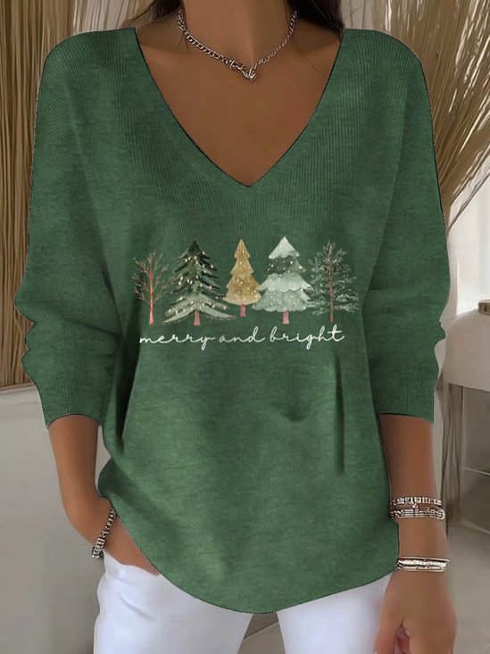 Lässig Weihnachten V-Ausschnitt Langarm T-Shirt