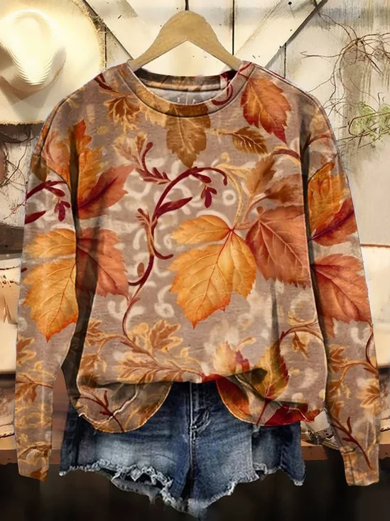 Lässig Rundhals Ahornblatt Sweatshirt Print