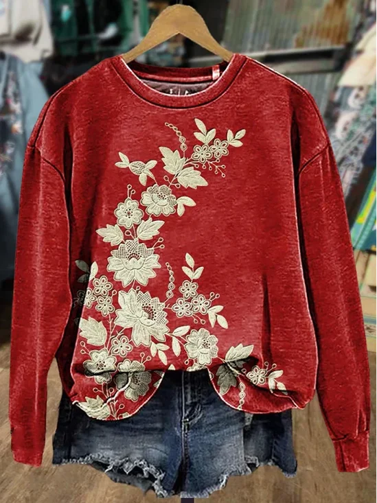 Lässig Rundhals Geblümt Sweatshirt Print