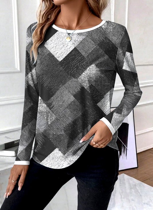 Lässig Geometrisch Rundhals Langarm T-Shirt