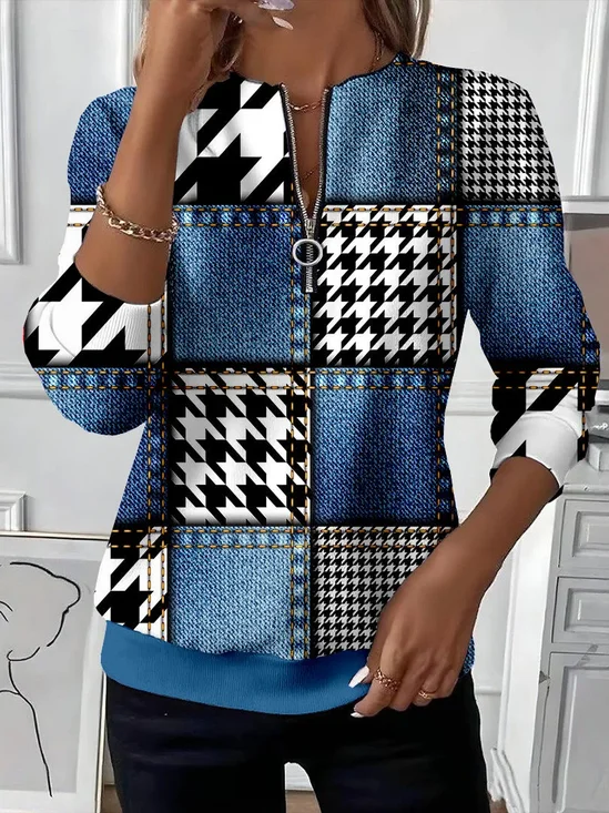 Lässig Rundhals Hahnentritt Sweatshirt Print