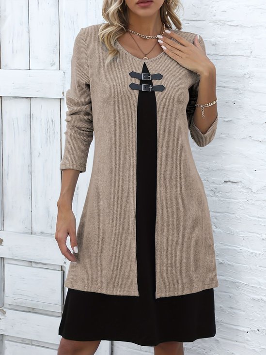 Damen Farbblock Frühling/Herbst Kleid Rundhals Langarm A-Linien-Kleid